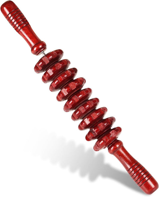 Liitrton Manual Wooden Massage Roller Stick for Muscle Relief, 9‑Wheel | Smooth Body Roller, Wood Therapy Massage Tools for Trigger Point Relief, Legs Sore Muscle Recovery