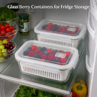 2 Pack 56oz Glass Berry Container for Fridge,with Removable Colander and Vent Valve, Fresh ProduceStorage Set（White）