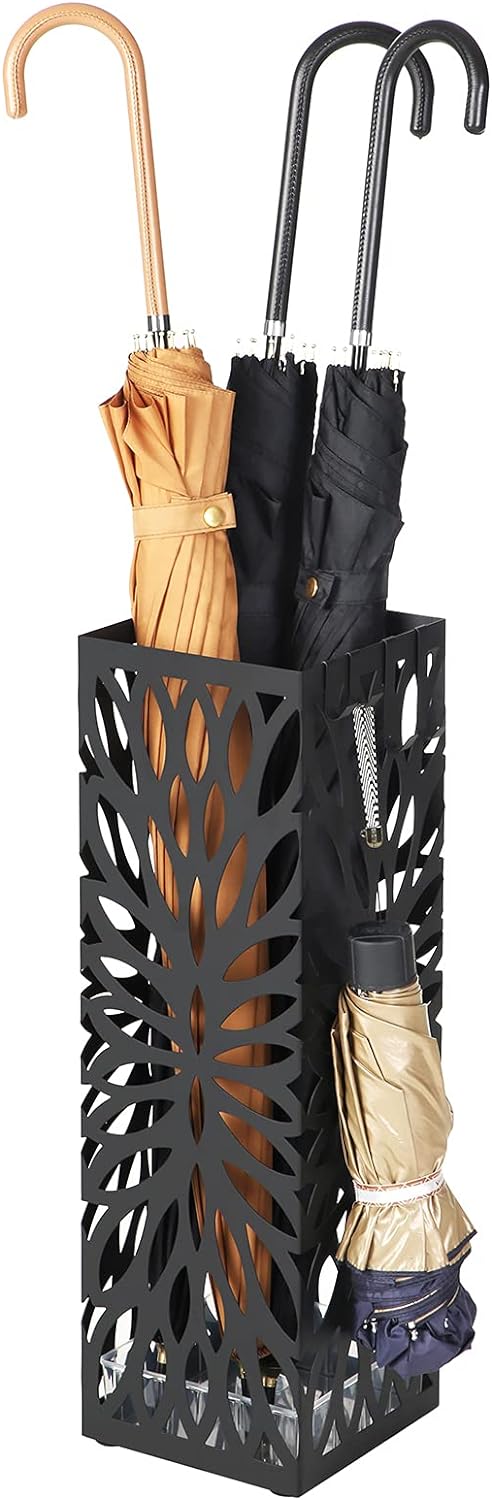 SONGMICS Umbrella Stand, Umbrella Holder for Entryway, Steel Square Umbrella Rack Organizer Freestanding, for Canes Walking Sticks, with a Detachable Drip Tray, 4 Hooks, Black ULUC026B33