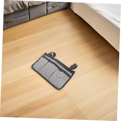 Bed Rail Organizer with 4 Pockets, Safety Bed Assist Rail Storage Bag with Cup Holder, Gray Bedside Caddy for Mobility Aid and Hospital Use