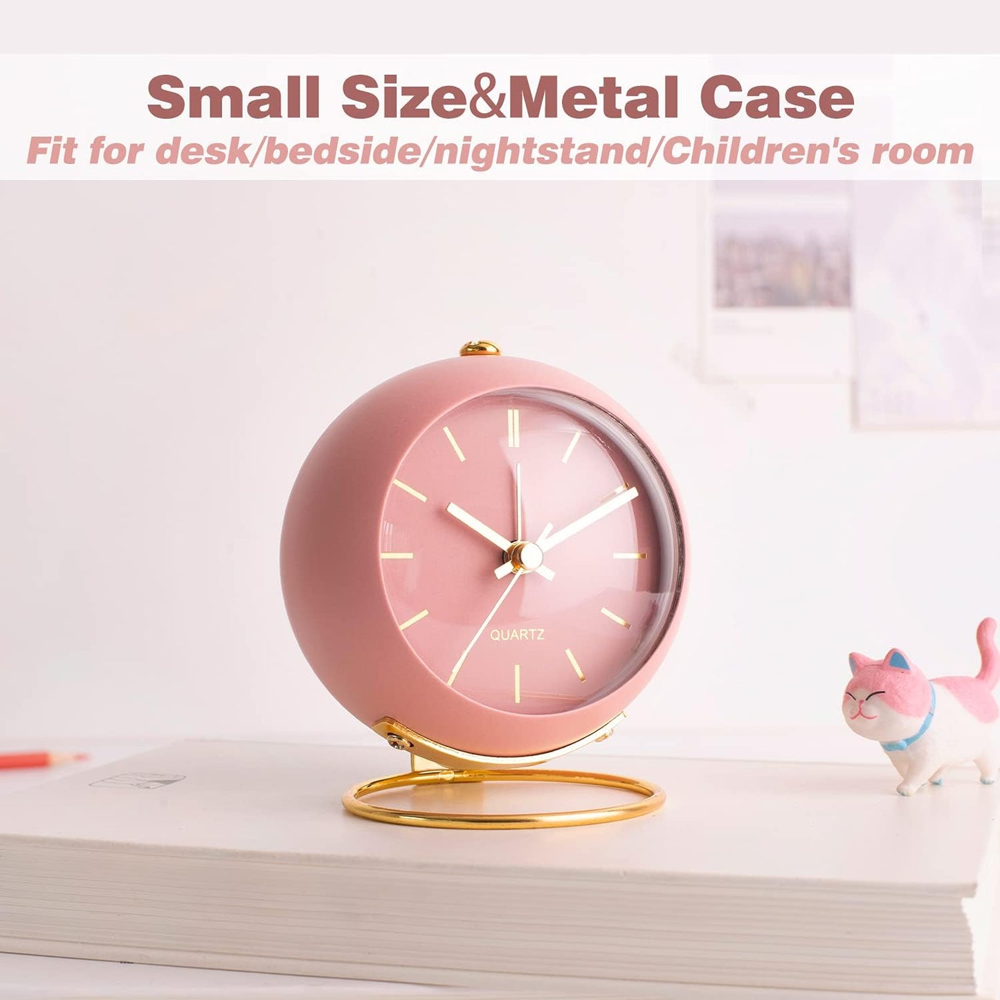 AYRELY® Battery Operated Analog Desk Alarm Clock with Light, Table Clock | Retro Aesthetic Clock with Silent Non-Ticking Movement for Bedside, Bedroom, Kitchen, Office, Travel & Kids' Room(Light Pink)