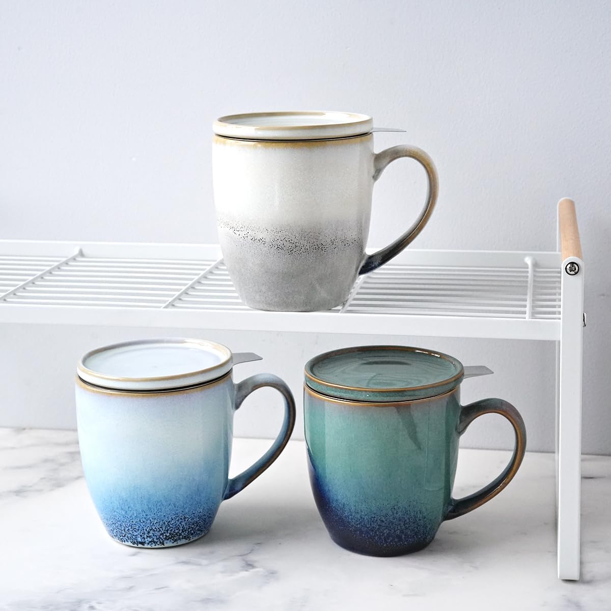 Bosmarlin Ceramic Tea Cup with Infuser and Lid, 16 Oz, Loose Leaf Tea Steeper Mug with Strainer, Microwave and Dishwasher Safe, Reactive Glaze (16 Oz, Pale Green)
