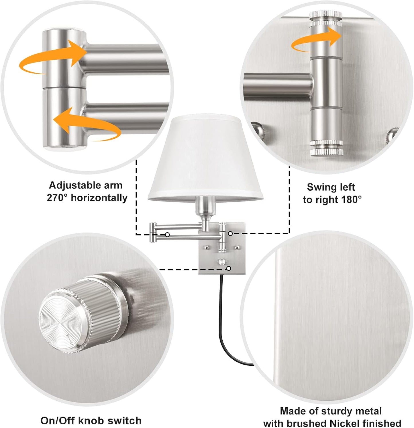 TRLIFE Wall Sconce Plug in, Dimmable Wall Sconces Set of Two Swing Arm Wall Lights with Plug in Cord and On/Off Dimmer Rotary Switch, 9.4" Medium Beige Fabric Shade(2 Pack, 2 Bulbs)