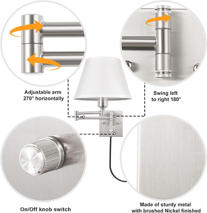TRLIFE Wall Sconce Plug in, Dimmable Wall Sconces Set of Two Swing Arm Wall Lights with Plug in Cord and On/Off Dimmer Rotary Switch, 9.4" Medium Beige Fabric Shade(2 Pack, 2 Bulbs)