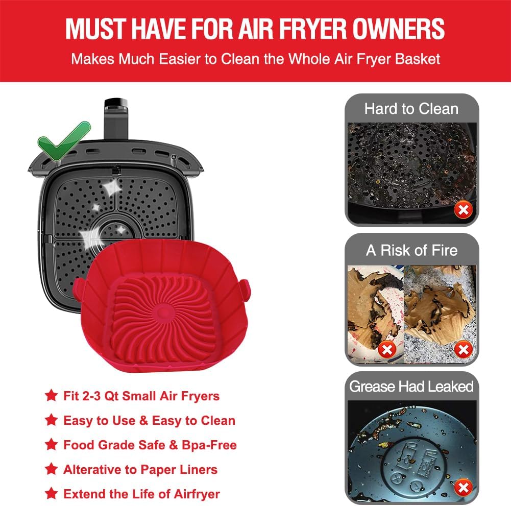 Air Fryer Silicone Liners for 2 to 3 QT Small Air Fryers, Non-Stick Reusable Silicone Pot Basket Bowl Liner Baking Tray Air Fryer Accessories, 2 Pack Square Airfryer Liner Insert