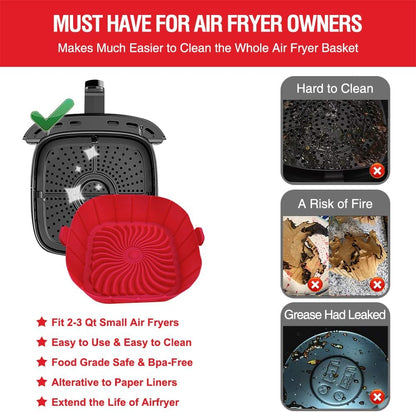 Air Fryer Silicone Liners for 2 to 3 QT Small Air Fryers, Non-Stick Reusable Silicone Pot Basket Bowl Liner Baking Tray Air Fryer Accessories, 2 Pack Square Airfryer Liner Insert