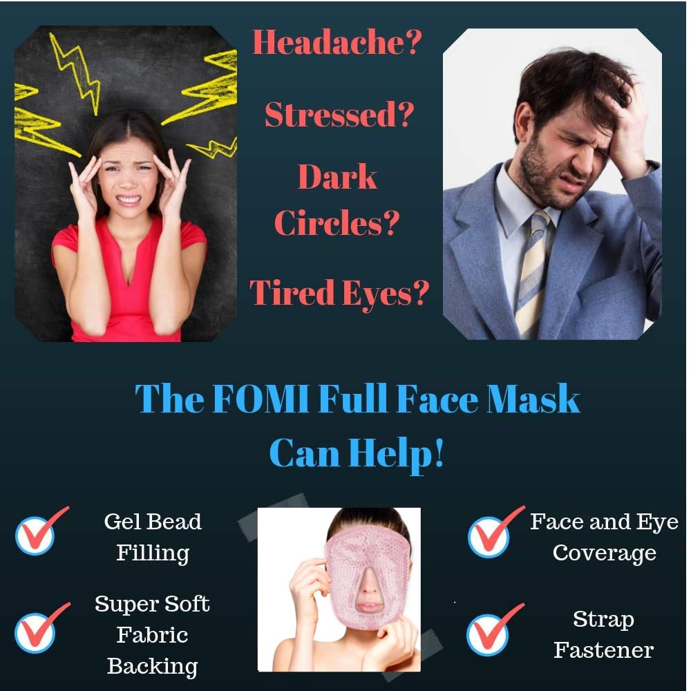 Hot and Cold Therapy Gel Bead Full Facial Mask by FOMI Care | Ice Face Mask for Migraine Headache, Stress Relief | Reduces Eye Puffiness, Dark Circles | Fabric Back (Full Face w/Eye Holes)