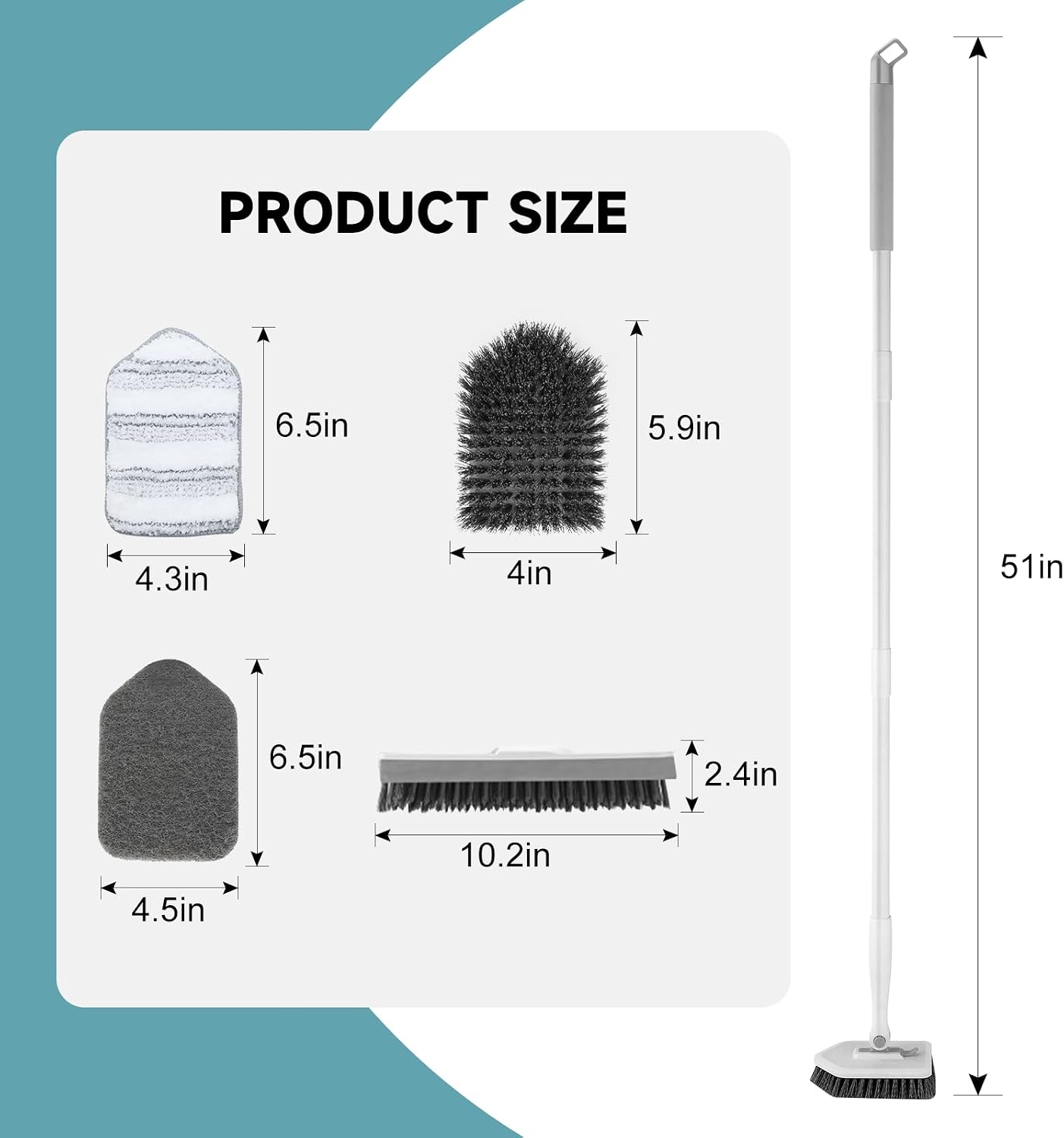 nacena Shower Scrubber with Long Handle, 4 in 1 Tile Tub Scrubber Brush with 3 Detachable Cleaning Heads and V-Shaped Grout Brush Shower Cleaner Brush for Bathroom Kitchen Toilet Tub Sink Wall, Black