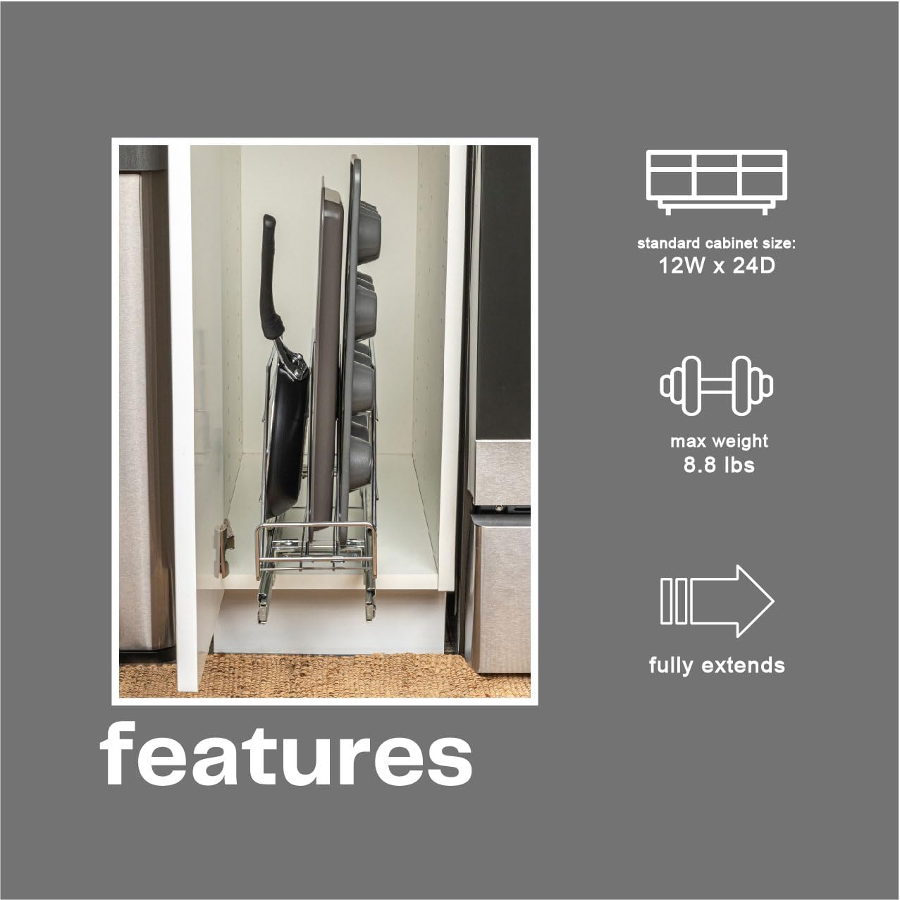 Household Essentials Glidez Multipurpose Chrome-Plated Steel Pull-Out/Slide-Out Storage Organizer for Cookware and Bakeware - 2-Tier Design - Fits Standard Size Cabinet or Shelf, Chrome