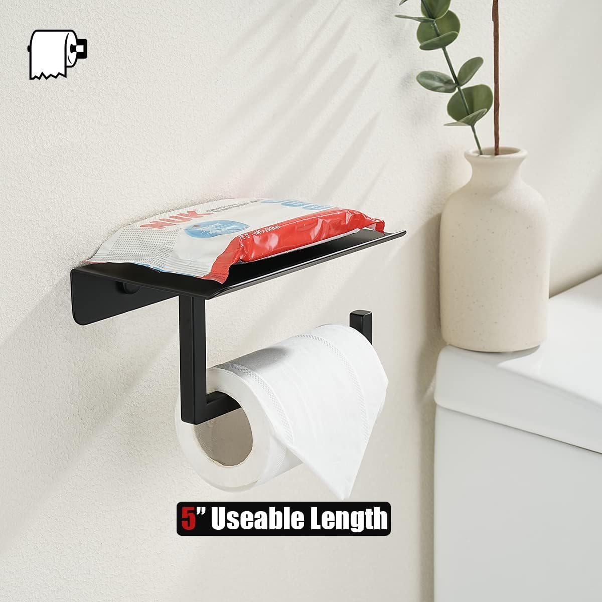 JQK Toilet Paper Holder Shelf, Bathroom Tissue Roll Holder with Phone Shelf, 5 Inch 304 Stainless Steel Tissue Paper Dispenser, Matte Black Wall Mount, TPH202-PB