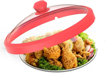 Microwave Glass Cover Splatter Guard Lid with Anti-scald Silicone Handles and Vented Edge for Food Pot Plate Cover 10.5 inch Blue