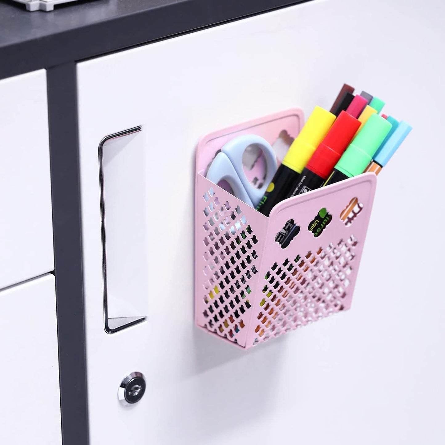 Magnetic Pen Holder, Mesh Metal Strong Magnet Dry Erase Marker Holder Pencil Organizer Small Items Basket for Refrigerator, Whiteboard, Locker Accessories-Pink, Pack of 1, Blush, New-Z008