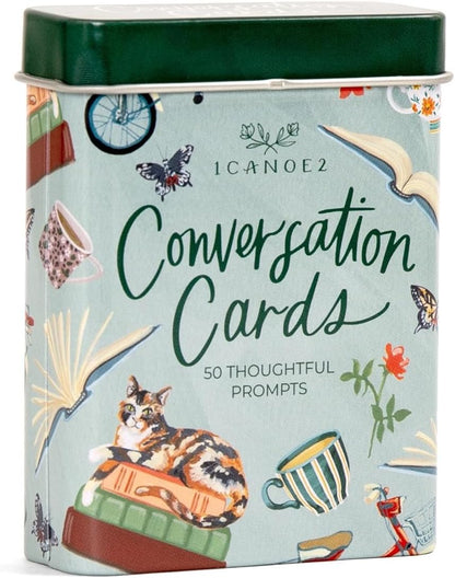 1Canoe2 Conversations Card Game, 50 Cards & Tin (Reading) | 50 Conversation Starter Cards, Decorative Storage Tin, Book Lovers Gift