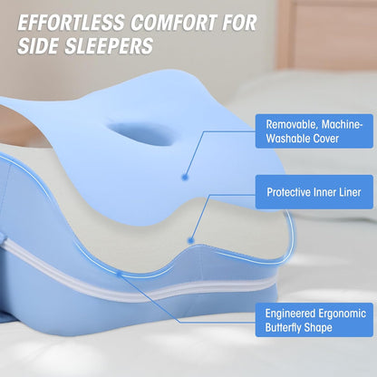 LITTOAK Knee Pillow for Side Sleepers & Sciatica Pain Relief | Leg Pillow for Side Sleeping with Detachable and Adjustable Strap, Two Covers, Blue& Grey, One Pillow Only