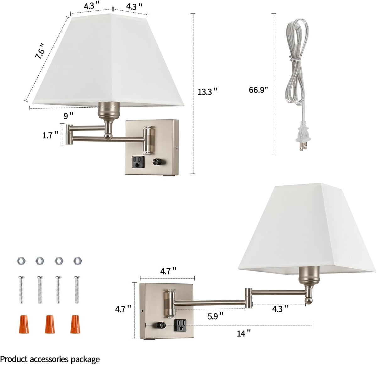 Wall Mounted Lamp Plug in Wall Sconce with Dimmable Switch Swing Arm Wall Lamp Whire Fabric Shade with USB Port Gold Wall Sconce Suitable for Hallway Bedroom Living Room…