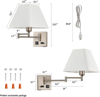 Wall Mounted Lamp Plug in Wall Sconce with Dimmable Switch Swing Arm Wall Lamp Whire Fabric Shade with USB Port Gold Wall Sconce Suitable for Hallway Bedroom Living Room…