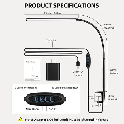 Clip on Desk Lamp with Clamp,Dimmable Eye Caring Book Reading Light for Bed | 54 LED 3 Color 10 Brightness, Push Button,USB Powered with Adapter, Flexible Gooseneck Clamp Lamp for Computer Workbench Nail