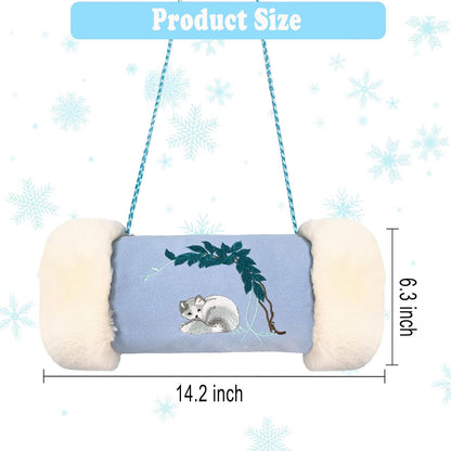 Faux Fur Hand Muffs, Portable Hand Warmer Pouch with Zipped Pocket Strap for Cold Weather, Cute Blue Embroidery Pattern Hand Muffler for Women Girls