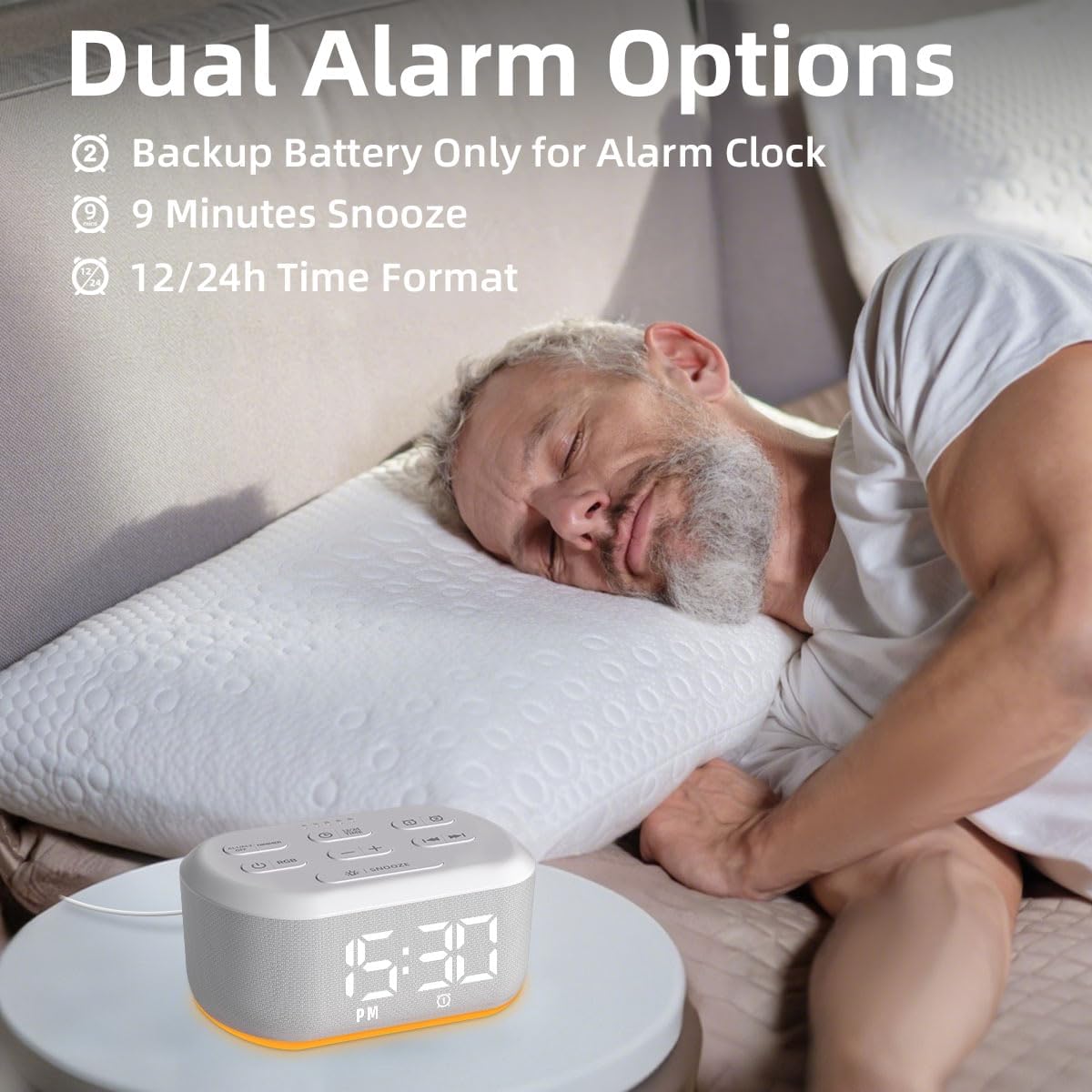 White Noise Alarm Clock Sound Machine for Bedroom Small Brown Noise Machine with 30 Soothing Sound Plug in Bedside Clock with NightLight Battery Backup 15 Wake up Sound Clock for Kids Heavy Sleeper