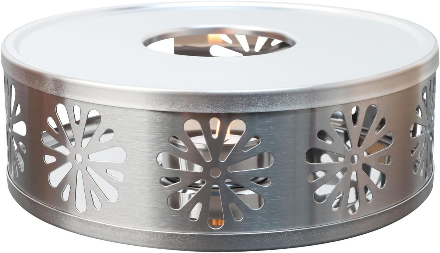 Tea Warmer Petals Silhouette, Silver Brushed Stainless Steel | Teapot Warmer Includes 1 Tealight Holder