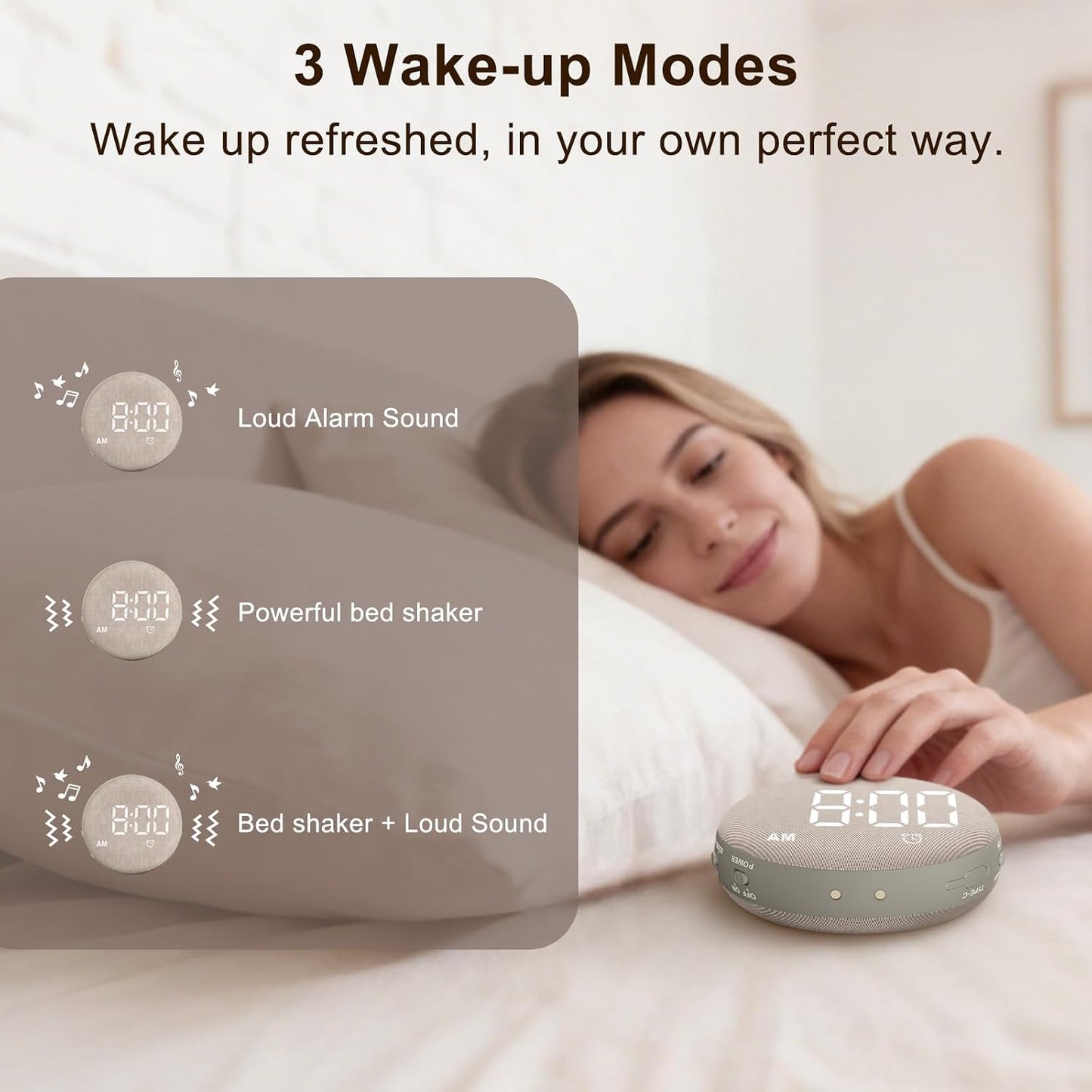 SolaceRise Extra Loud Alarm Clock Vibrating Bed Shaker for Heavy Sleepers | Auto-Dim Digital Clock for Hearing Impaired Deaf - Portable Rechargeable Battery for Bedroom Travel Dorm - Putty