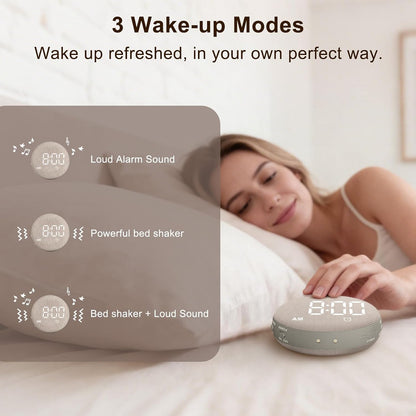 SolaceRise Extra Loud Alarm Clock Vibrating Bed Shaker for Heavy Sleepers | Auto-Dim Digital Clock for Hearing Impaired Deaf - Portable Rechargeable Battery for Bedroom Travel Dorm - Putty