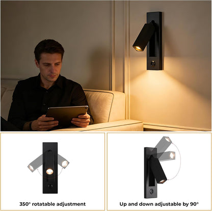 Wall Mounted Reading Light with USB, LED Bedside Reading Light with Switch, Adjustable Recessed Headboard Reading Lights Wall Sconce for Reading, Hardwired Reading Spotlight for Bedroom (Black)