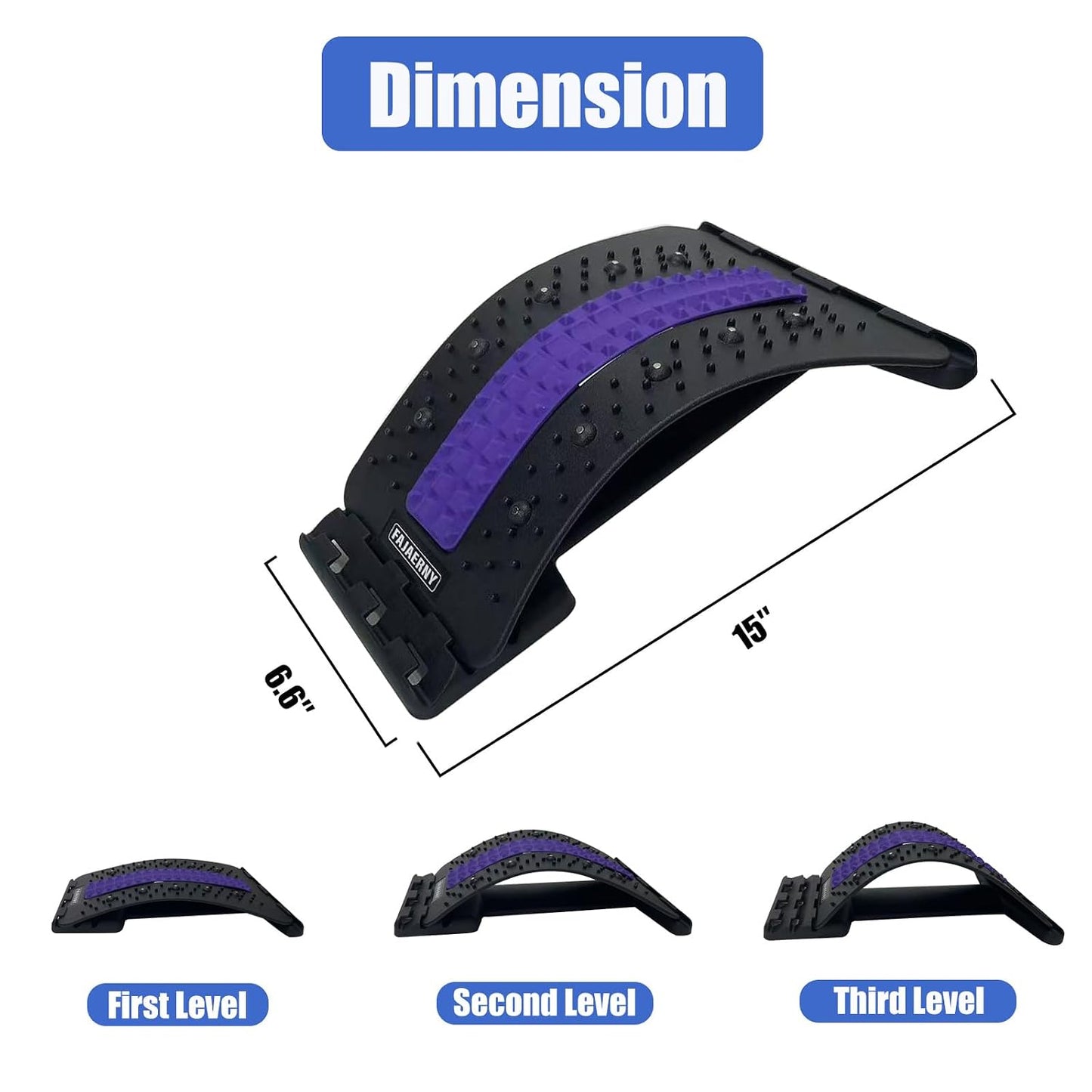 Back Stretcher, 3-Level Adjustable Lumbar Support with 84 Massage Points and 10 Magnetic Nodes, Back Cracker for Posture Care and Muscle Relaxation, NBR Pad & Silicone Pad (Purple)