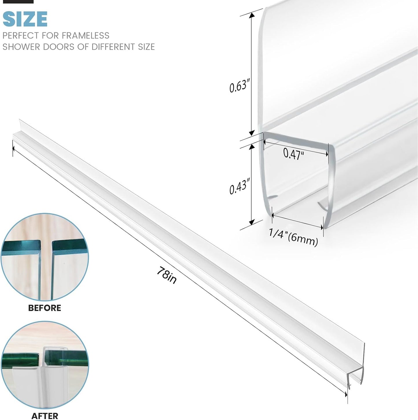 2-Pack 5/16" x 39" Shower Door Bottom Seal Strip, Shower Door Sweep | Frameless Glass Door Seal Strip, Stop Shower Leaks for 5/16" (8mm) Thick Glass