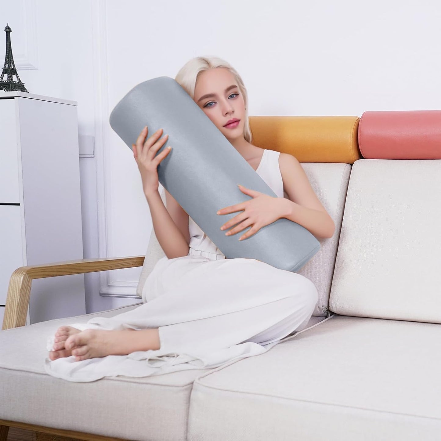 2 Pack Neck Roll Pillow, High-Density Foam Cylinder Bolster Pillow for Neck, Back & Lumbar Support, Ergonomic Round Pillow for Side Sleepers, Sleeping, Removable Washable Cover (7.9''x23.6'' Orange)