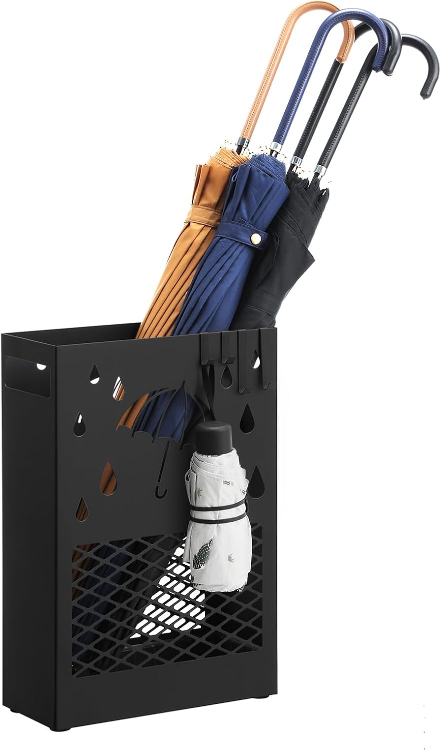 SONGMICS Metal Umbrella Stand, Rectangular, Removable Drip Tray, 4 Hooks | Umbrella Holder Rack, Cutout Design, for Entryway, Office, Matte Black, PATSY Collection ULUC03BK