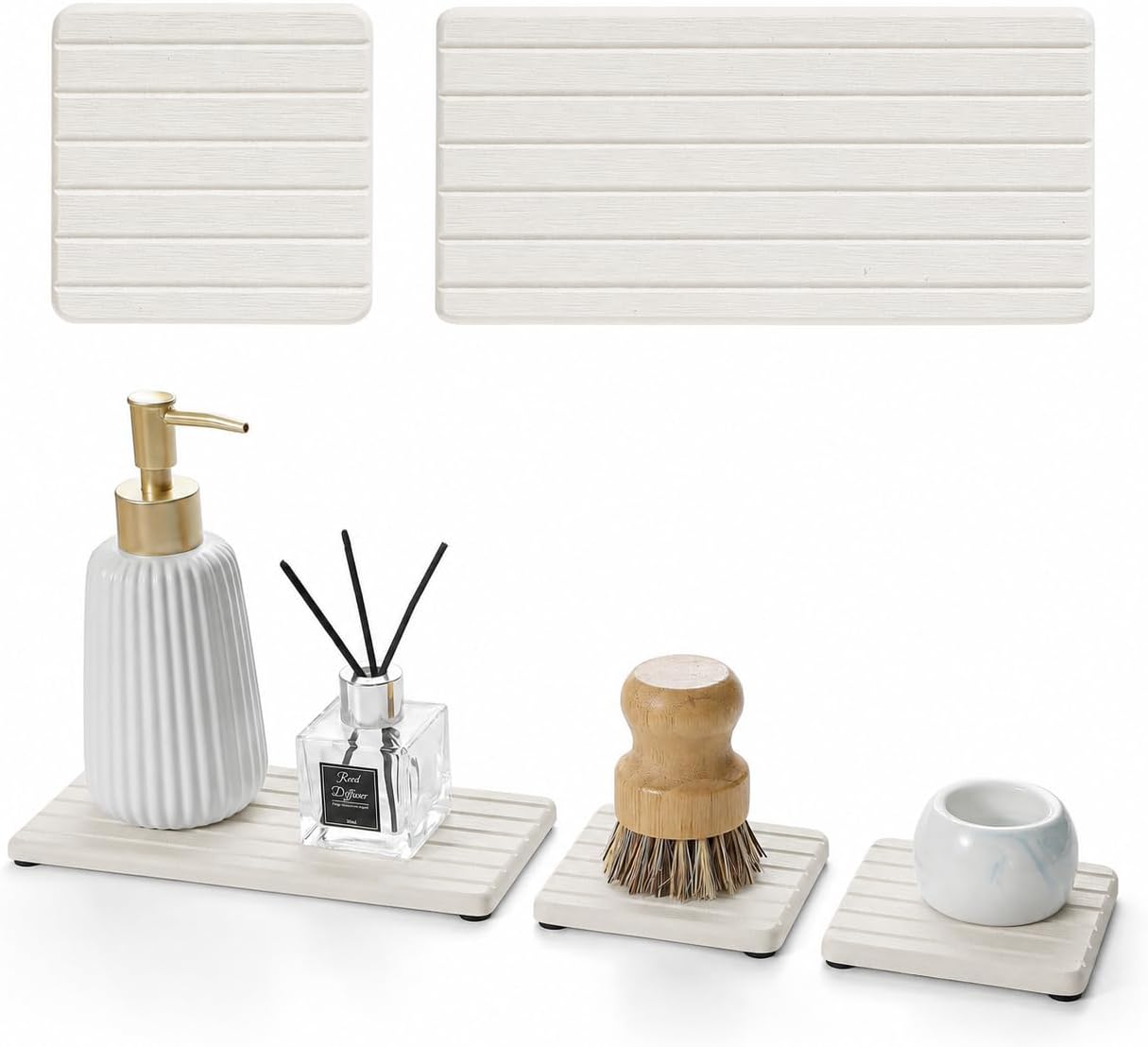 3 Pack Water Absorbent Diatomite Coasters, Stone Drying Mat for Kitchen Counter, Bathroom Sink Organizer Tray, Compact Vanity Rack, Soap Holder Caddy, Faucet Splash Guard, White 8"x3.8"