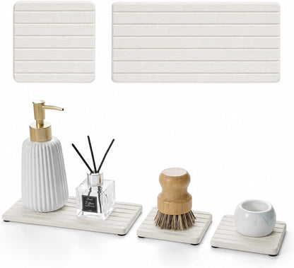3 Pack Water Absorbent Diatomite Coasters, Stone Drying Mat for Kitchen Counter, Bathroom Sink Organizer Tray, Compact Vanity Rack, Soap Holder Caddy, Faucet Splash Guard, White 8"x3.8"