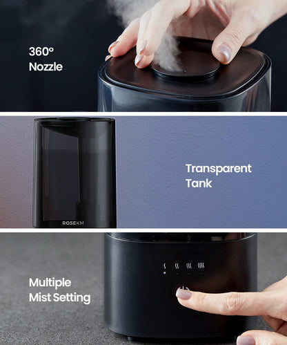 ROSEKM 2L Cool Mist Humidifier for Bedroom and Plants, Quiet, Black