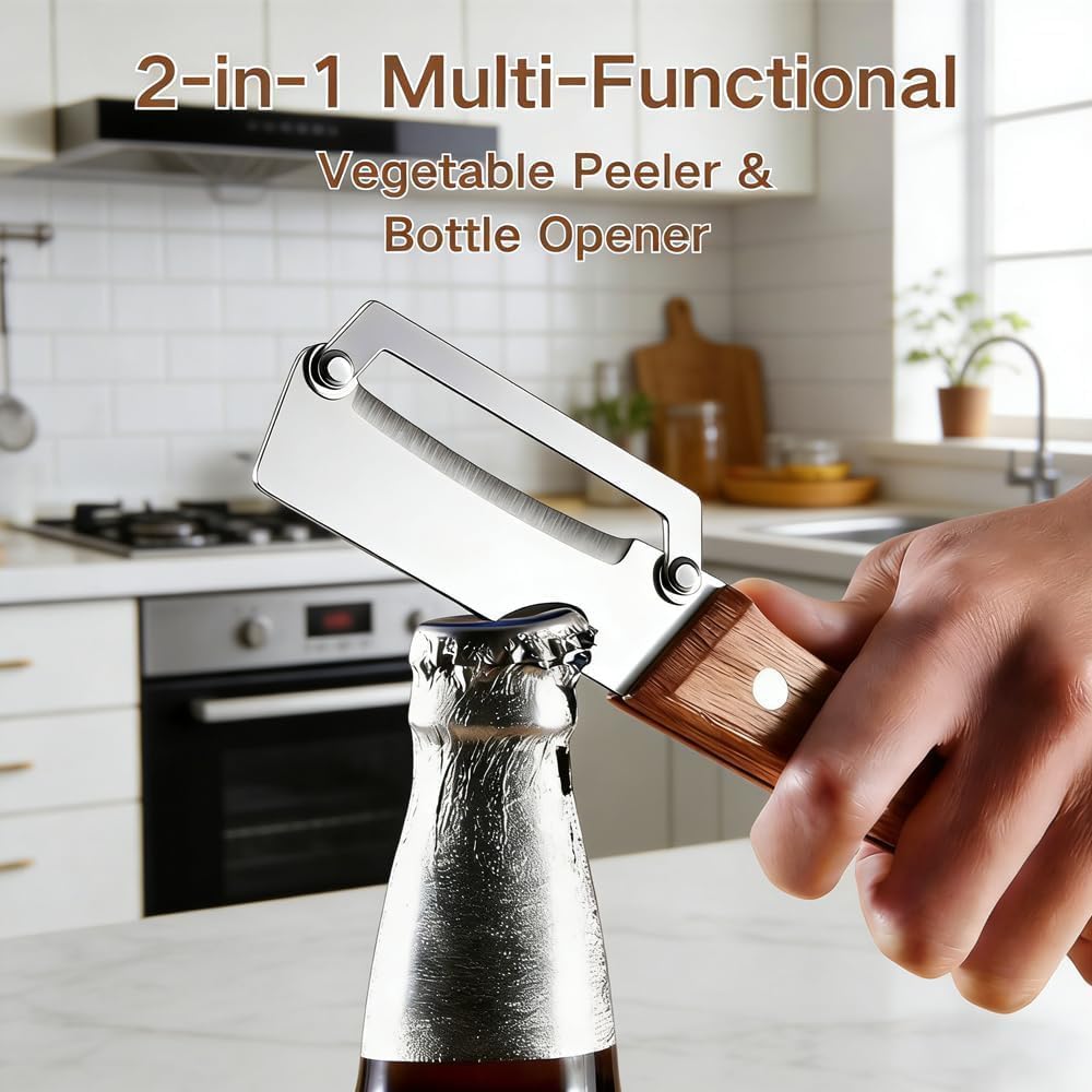 Premium Vegetable Peeler with Wooden Handle and Bottle Opener,Multi-Functional Vegetable Peeler for Kitchen, 2-In-1 Stainless Steel Kitchen Tool, for Fruit Veggie, Includes Bottle Opener (3-In-1 2PCS)