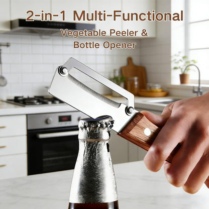 Premium Vegetable Peeler with Wooden Handle and Bottle Opener,Multi-Functional Vegetable Peeler for Kitchen, 2-In-1 Stainless Steel Kitchen Tool, for Fruit Veggie, Includes Bottle Opener (3-In-1 2PCS)