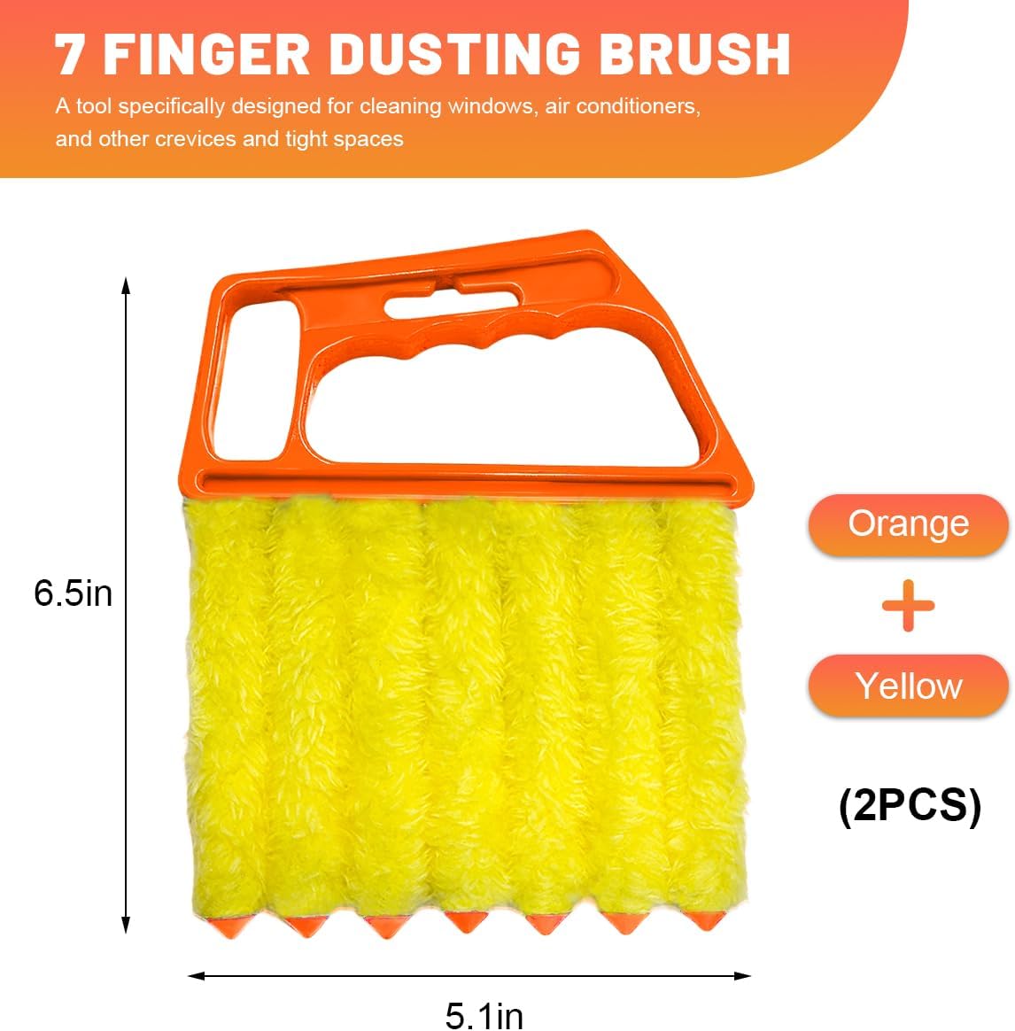 Sun Walker 2 PCS Blind Cleaner Duster Tool, 7-Finger Auto Dusting Cleaner Brush with Ergonomic Handle, Handheld Mini Duster Brush for Window Shutters Air Conditioner, Car Accessories (Orange+Yellow)