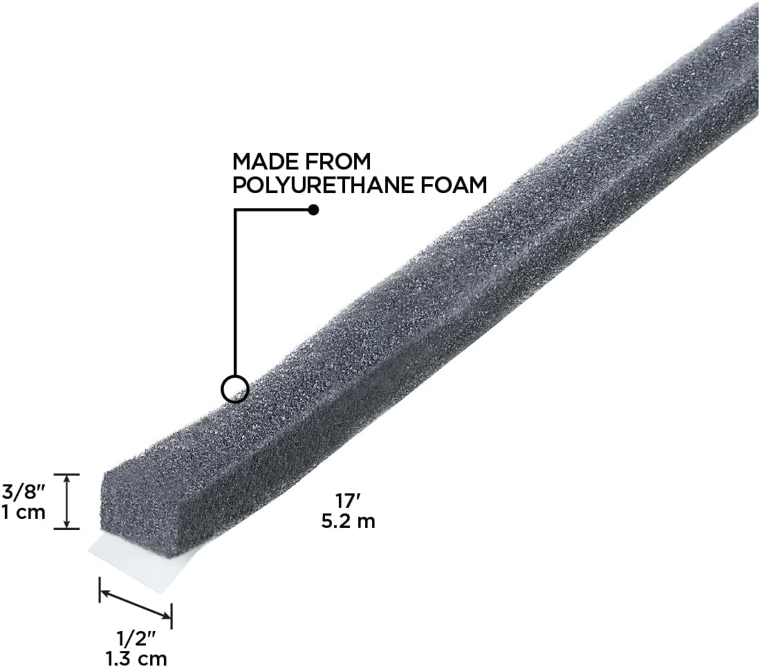 MD Building Foam Window Seal for Ex-Large Gaps, Gray, 17ft | Open-Cell Polyurethane Foam, Self-Adhesive Backing, Cut-to-Length Scissors, Seals Drafts Moisture Dust Insects