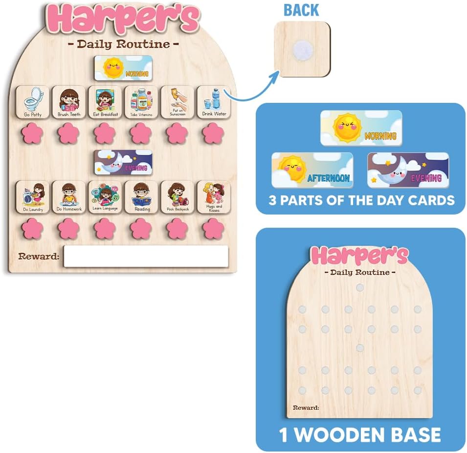 Wooden Daily Routine for Kids, Chore Chart for Toddler, Daily Responsibilities for Kids, Visual Schedule, Morning Bedtime Routine for Girls