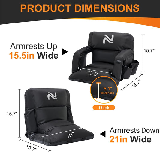Wide Heated Stadium Seat for Bleachers w/Back Support & Cushion | 5-Position Adjustable Heated Stadium Seat with Armrests, 3 Heat Levels, Anti-Slip, Side Pockets, Backpack Straps (No Battery)