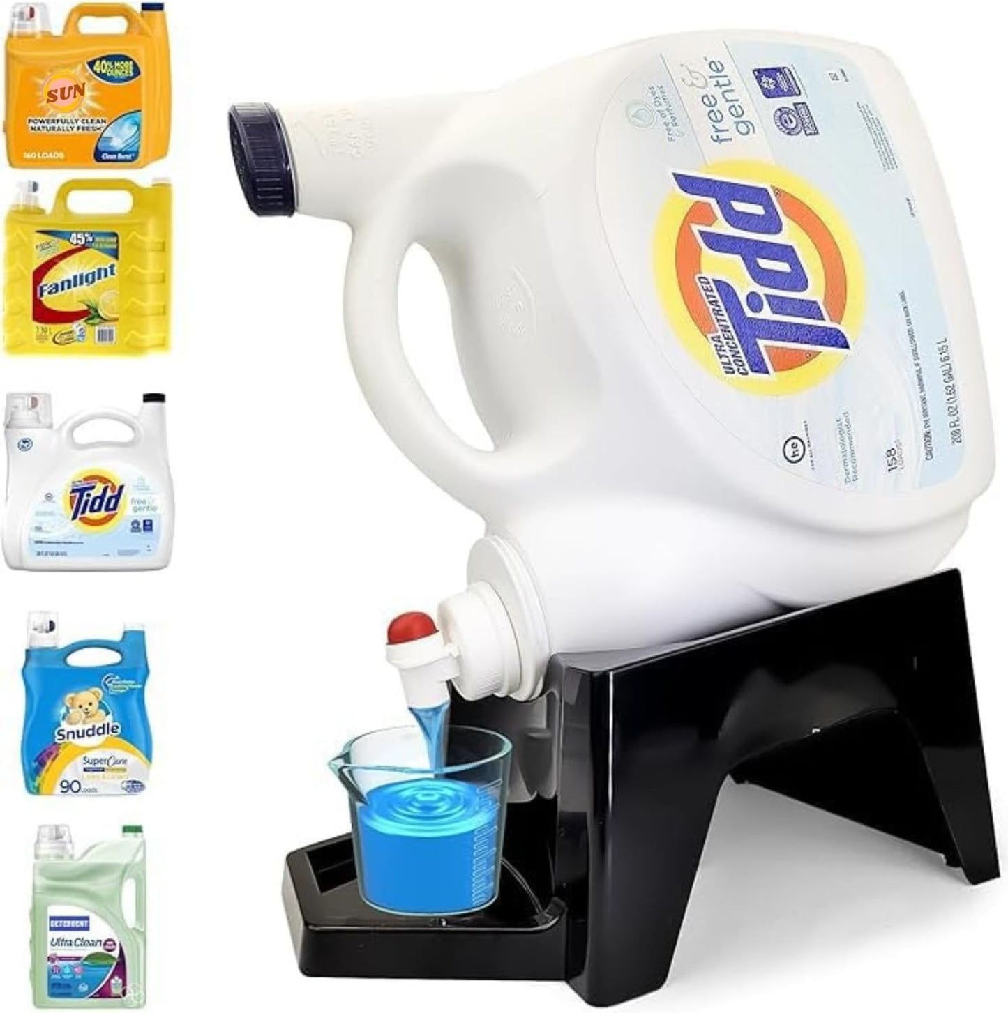 Liquid Laundry Detergent Holder Stand with Drip Tray - 1 Pack - Black | Easy Pouring, Rubber Feet, Angled Stand, Fabric Softener Dispenser for Laundry Room Organization & Storage