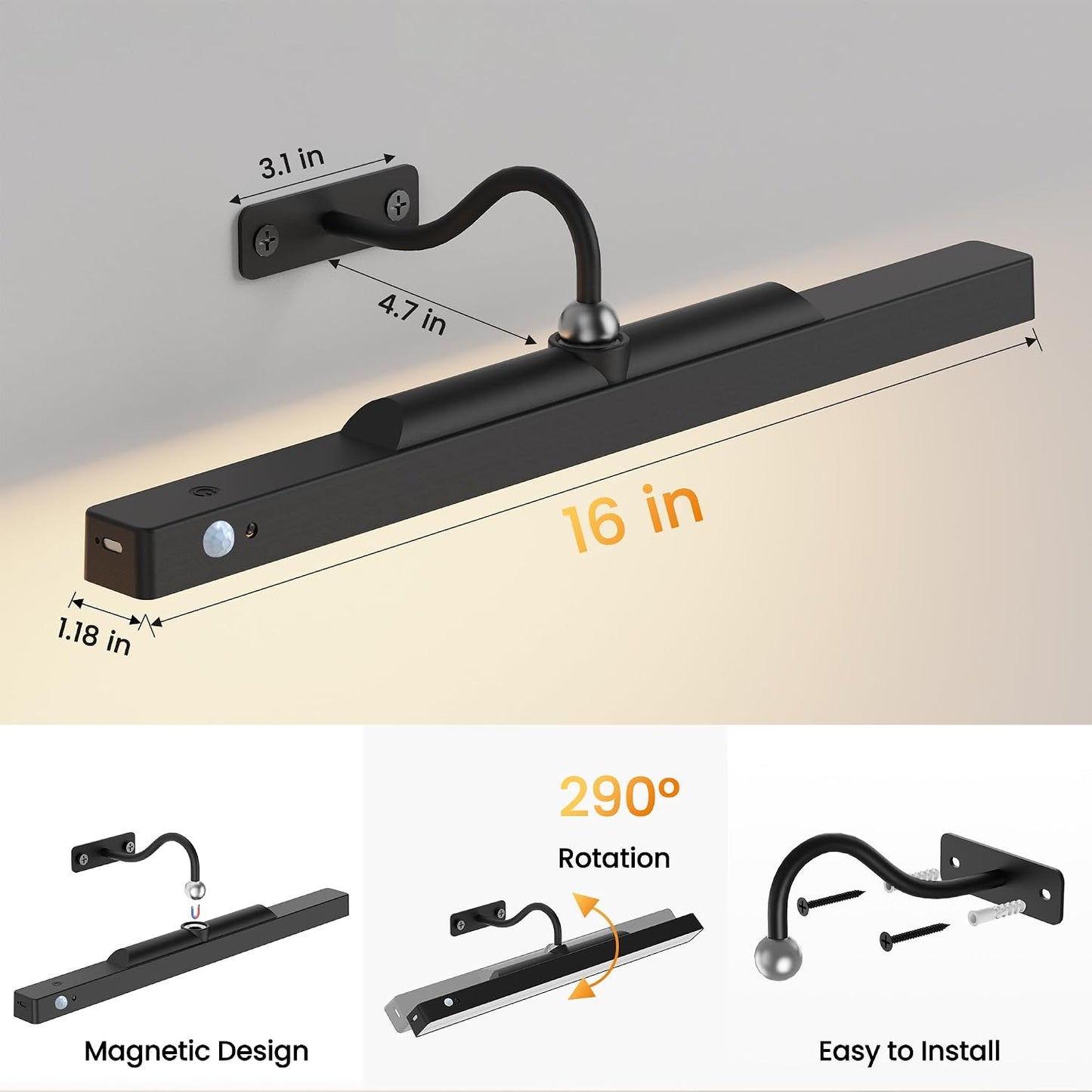 Wireless Picture Light for Wall Art Motion Sensor, 16 Inch, Black, 1 Pack | 5000mAh Rechargeable Battery, Cordless, Magnetic Detachable Bar, 3CCT Dimmable, Remote Control for Paintings and Artworks