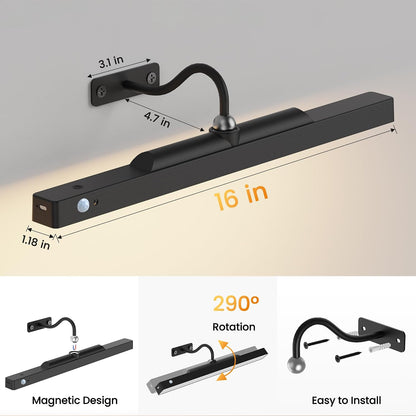 Wireless Picture Light for Wall Art Motion Sensor, 16 Inch, Black, 1 Pack | 5000mAh Rechargeable Battery, Cordless, Magnetic Detachable Bar, 3CCT Dimmable, Remote Control for Paintings and Artworks
