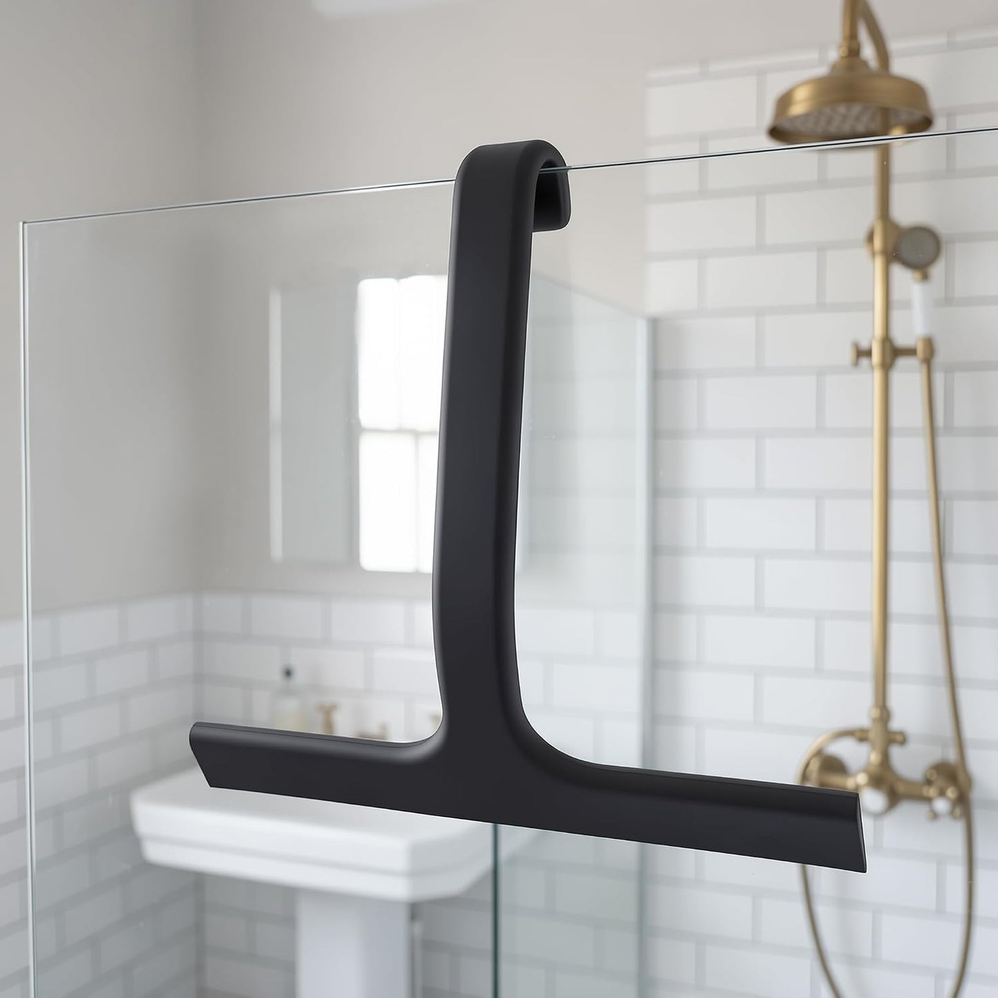 wlich 10" Shower Squeegee, Silicone Shower Wiper for Glass Doors, Black | One-Piece No-Drill Design, Flexible Silicone Squeegee for Window Cleaning, Streak-Free Cleaning Bathroom, Easy Installation
