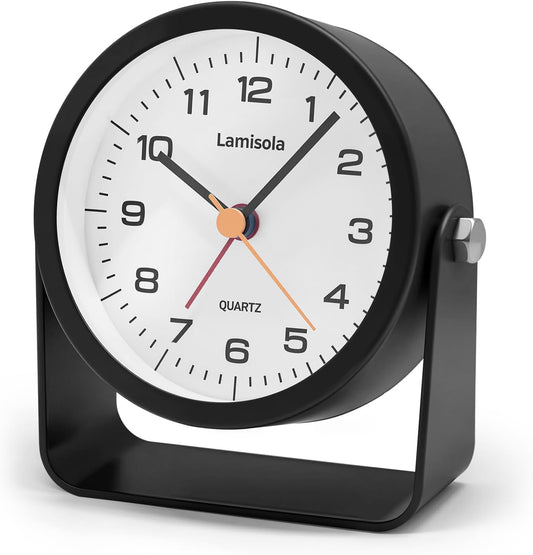 Lamisola 3.5 Inch Small Desk Battery Clock, Black Alarm Clock for Bedroom | Travel Clock for Bathroom Table Shelf Bedside, Cute Metal Vintage Silent Night Light Snooze for Kids Seniors