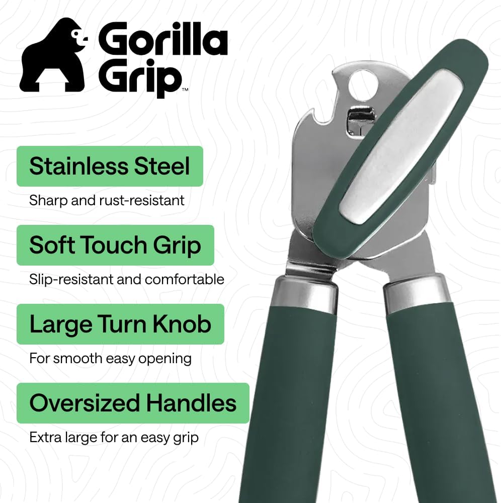 GORILLA GRIP Original Model Stainless Steel Smooth Edge Manual Can Opener and Bottle Openers, US Designed, Comfortable Handle, Oversized Handheld Turn Knob, Multifunctional Kitchen Tool, Gray