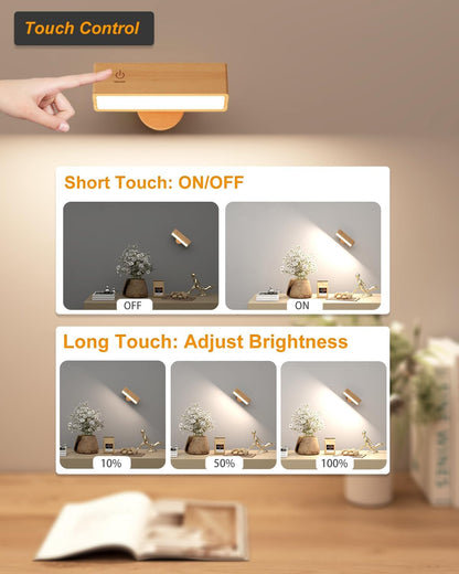 DetarZinLED Wall Lights Battery Operated Wooden,Magnetic Wall Sconces Rechargeable,Adhesive Wall Lights for Bedroom,Dimmable Wall Mounted Bedside Lamp,Cordless Battery Wall Sconce for Bedroom Reading