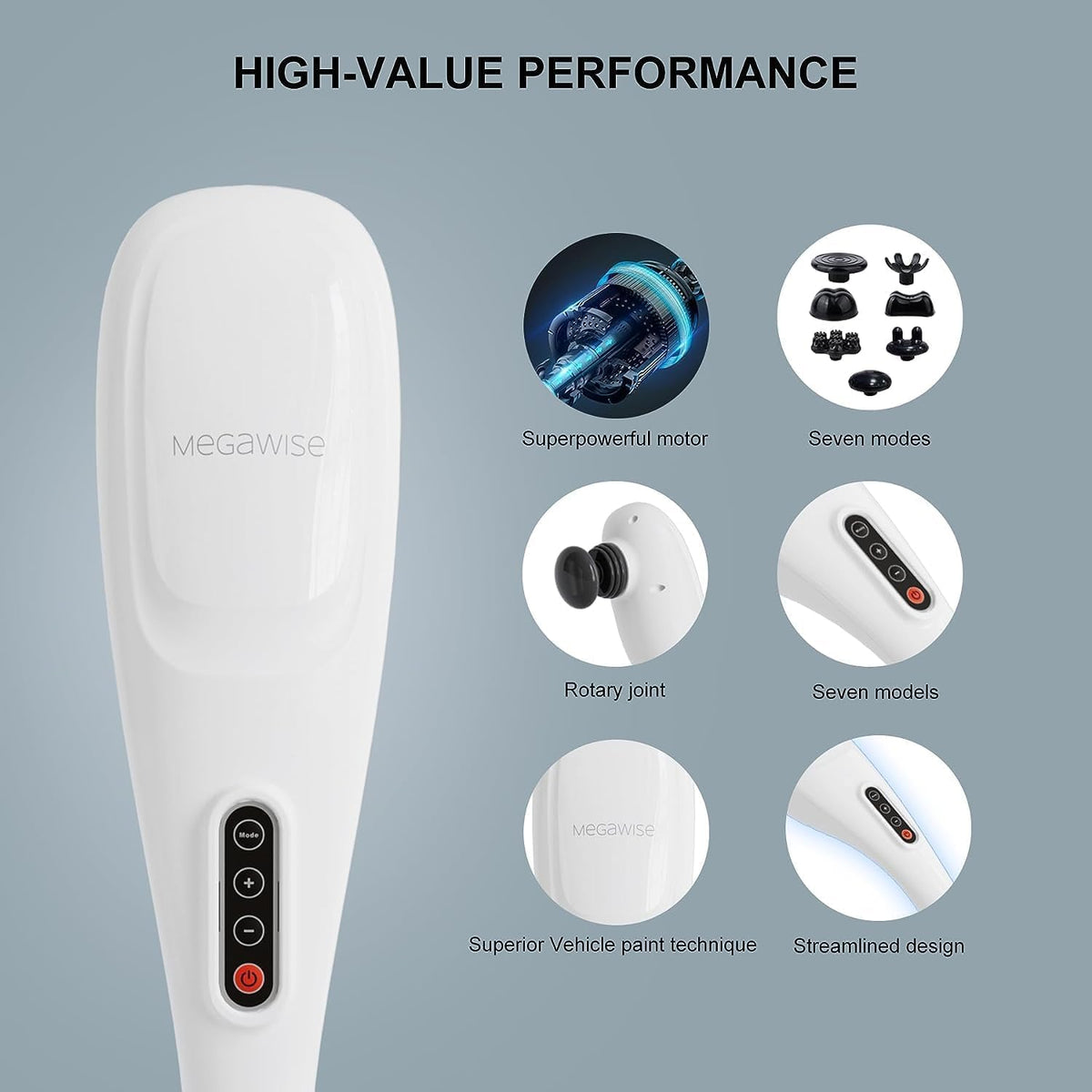 MEGAWISE Handheld Back Massager | Deep Tissue Percussion Massage for Back, Neck, Shoulders, Waist and Legs (Cordless Silver)