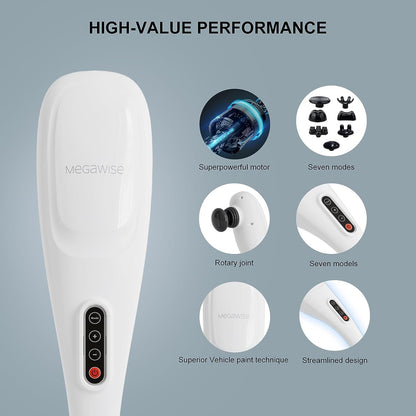 MEGAWISE Handheld Back Massager | Deep Tissue Percussion Massage for Back, Neck, Shoulders, Waist and Legs (Cordless Silver)