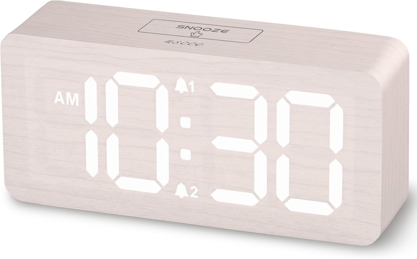 uscce Wooden Digital Alarm Clocks for Bedrooms with 0-100% Dimmable Display | Desk Clock with Large Numbers for Living Room - Loud Dual Alarm for Heavy Sleepers with Volume Control - Wood Decor & Gifts